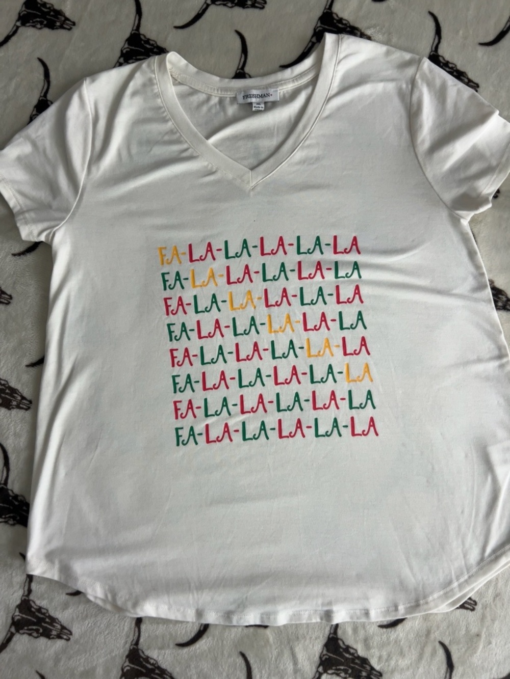 Freshman White Fa La La Christmas Graphic V-Neck Tee Size Medium